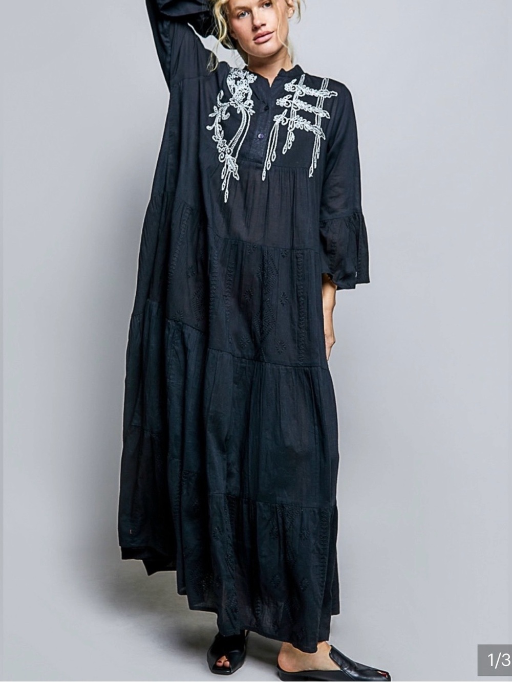 POL sequined Black Embroidered Tiered Long Sleeve Maxi Dress - Picture 3 of 3